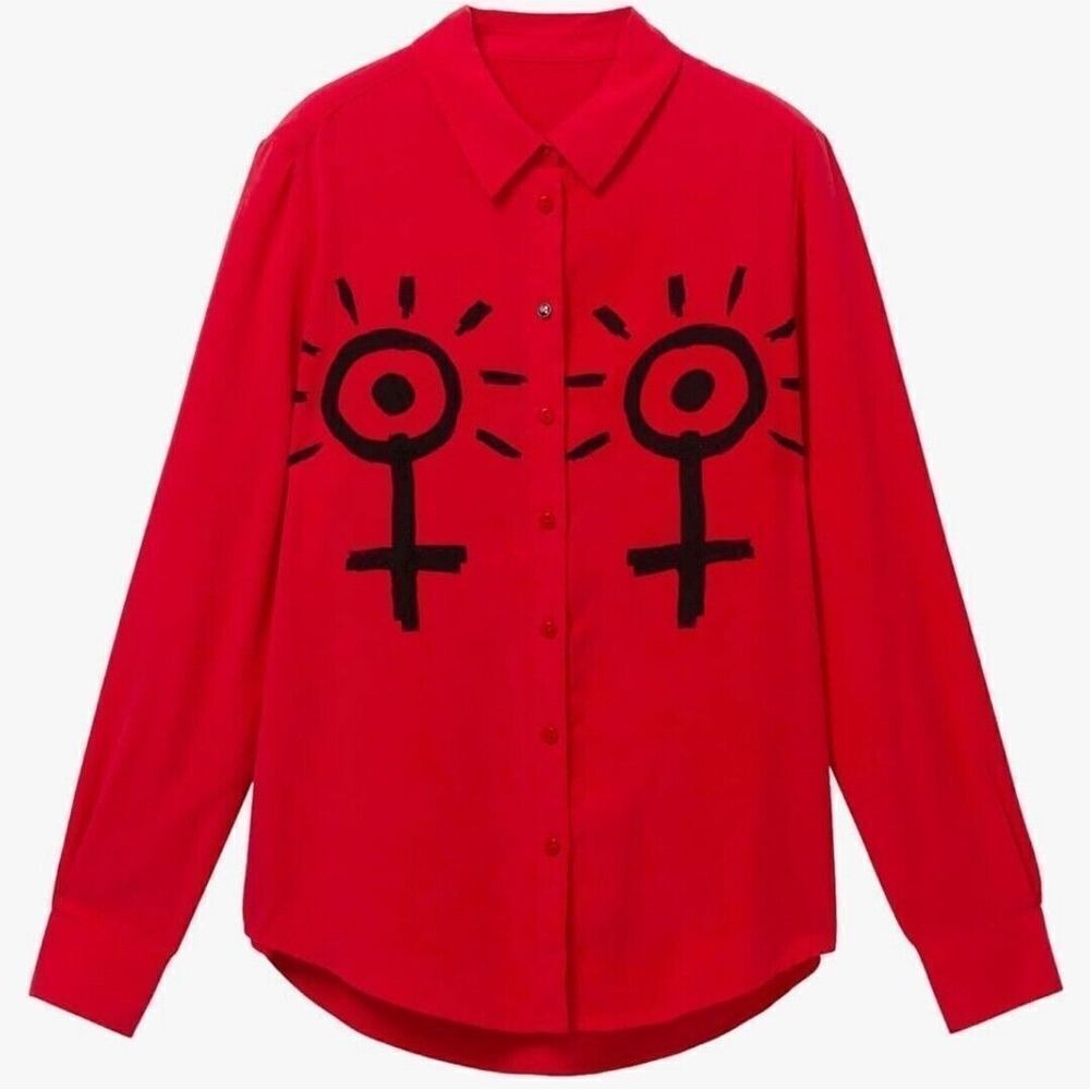 NEW! Desigual Wmns Tiggy Red Shirt With Black Venus Symbol Shirt US Sz XXS $116‎